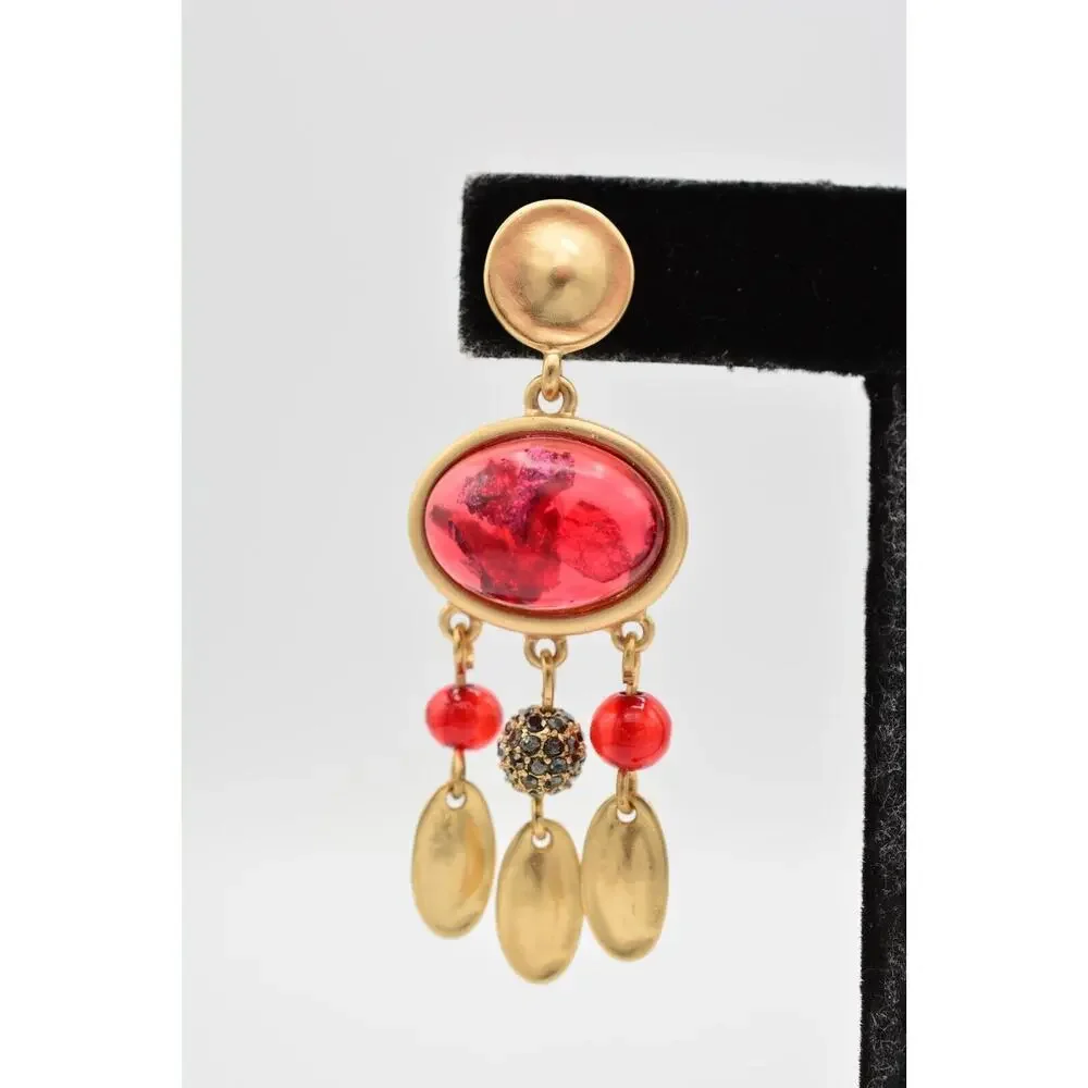 Statement Cabochon Dangle Earrings Red Lucite Brushed Gold Black Rhinestone 9L